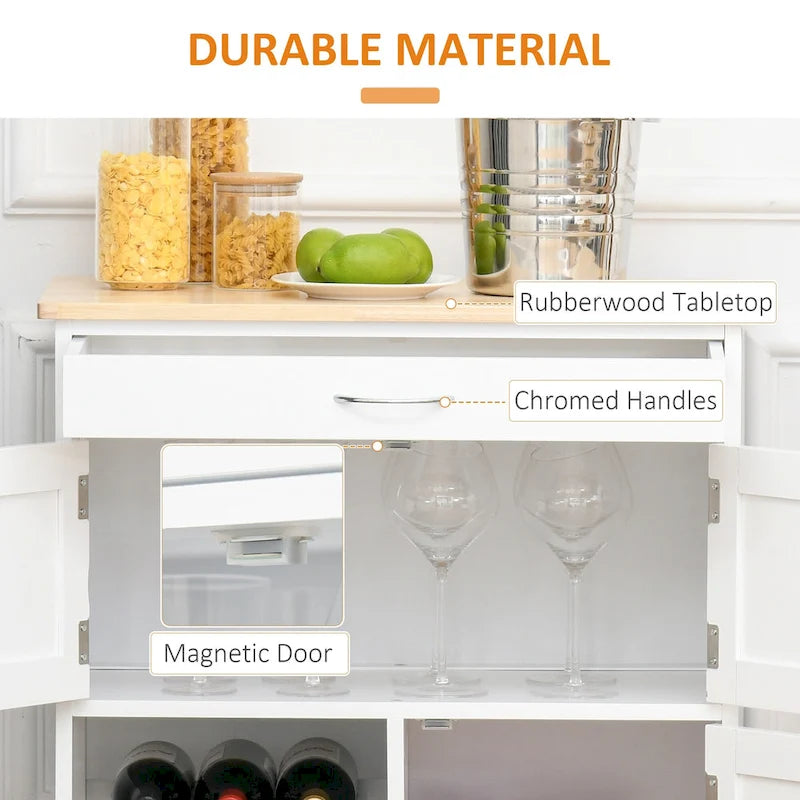 Kitchen Island on Wheels, Rolling Kitchen Cart with Drawer, 9-bottle Wine Rack, Storage Cabinets, Wooden Countertop