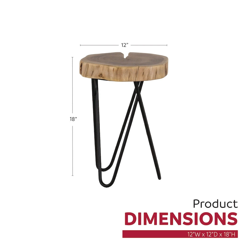 12" Round Live Edge Acacia Wood Accent End Table with Black Metal Legs