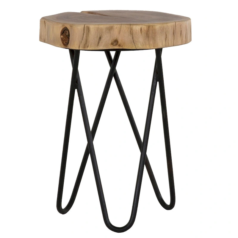 12" Round Live Edge Acacia Wood Accent End Table with Black Metal Legs