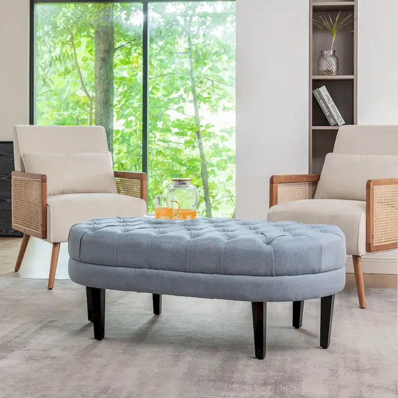 Fabric Oval Cocktail Ottoman with Rubberwood Legs
