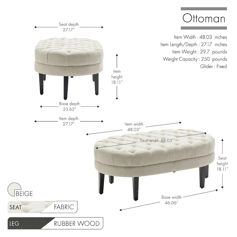 Fabric Oval Cocktail Ottoman with Rubberwood Legs