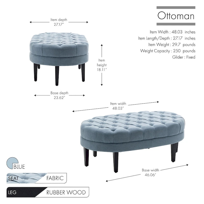 Fabric Oval Cocktail Ottoman with Rubberwood Legs