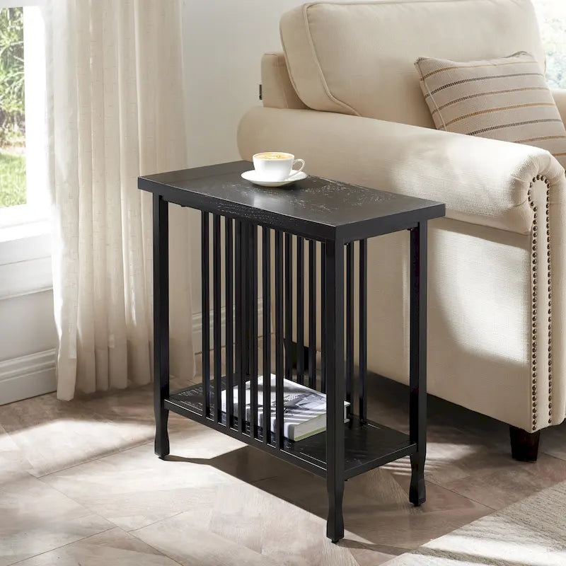 Matte Black Slatted Narrow Chairside Table with Drawer