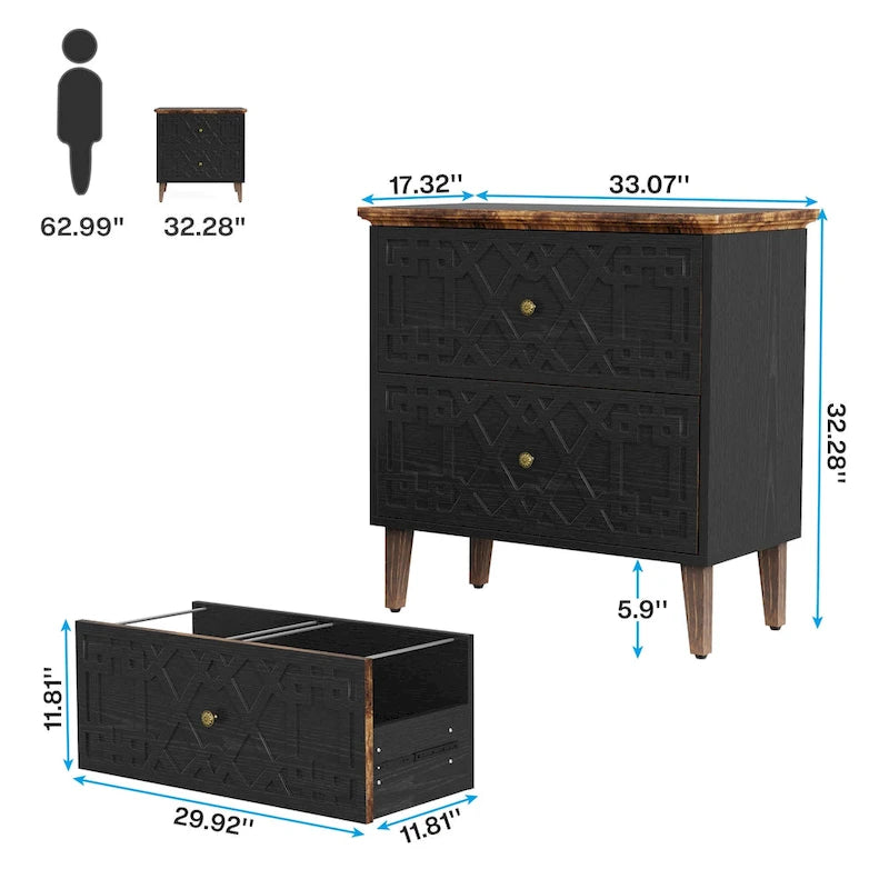 Lateral File Cabinet, 2 Drawer Filing Cabinet, Black Wood Storage Cabinet