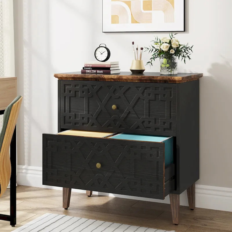 Lateral File Cabinet, 2 Drawer Filing Cabinet, Black Wood Storage Cabinet