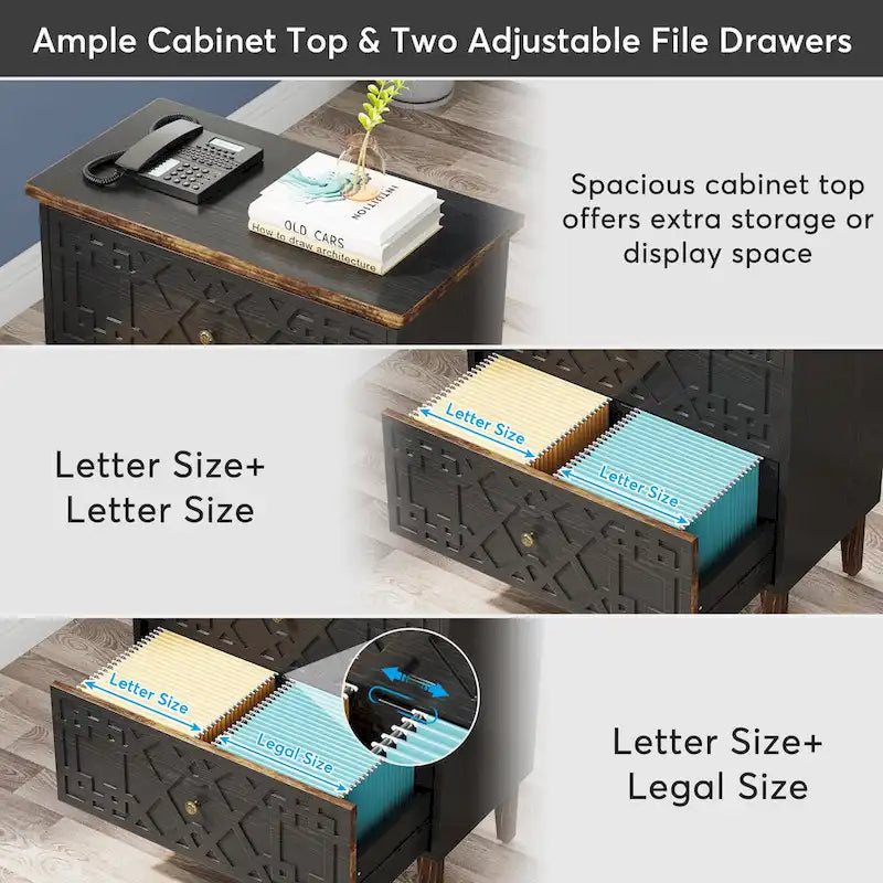 Lateral File Cabinet, 2 Drawer Filing Cabinet, Black Wood Storage Cabinet
