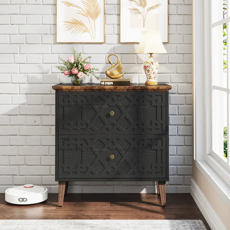 Lateral File Cabinet, 2 Drawer Filing Cabinet, Black Wood Storage Cabinet