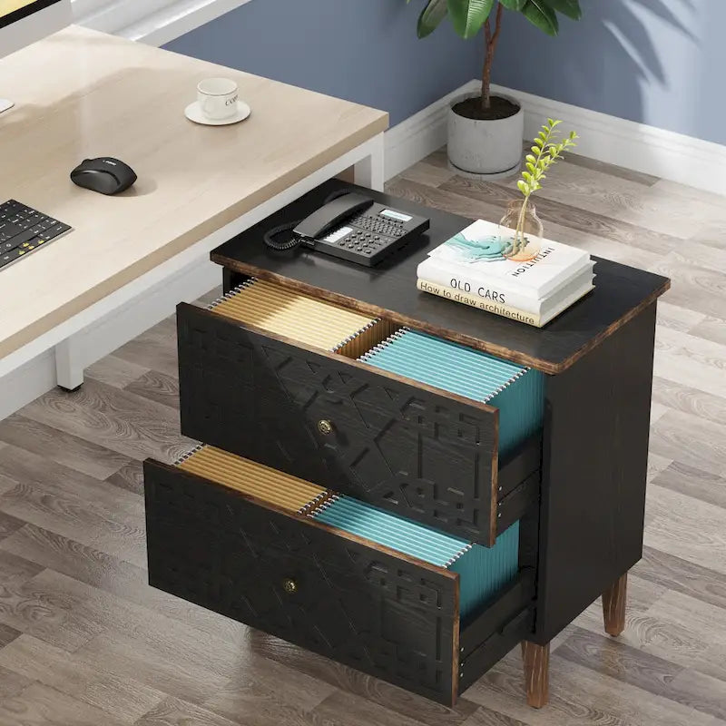 Lateral File Cabinet, 2 Drawer Filing Cabinet, Black Wood Storage Cabinet