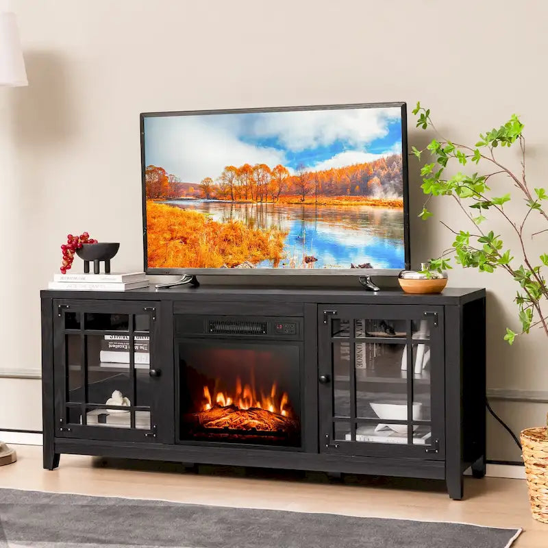 58 Inch Fireplace TV Stand with 3-Position Adjustable Shelves and 2 Cabinets with Doors