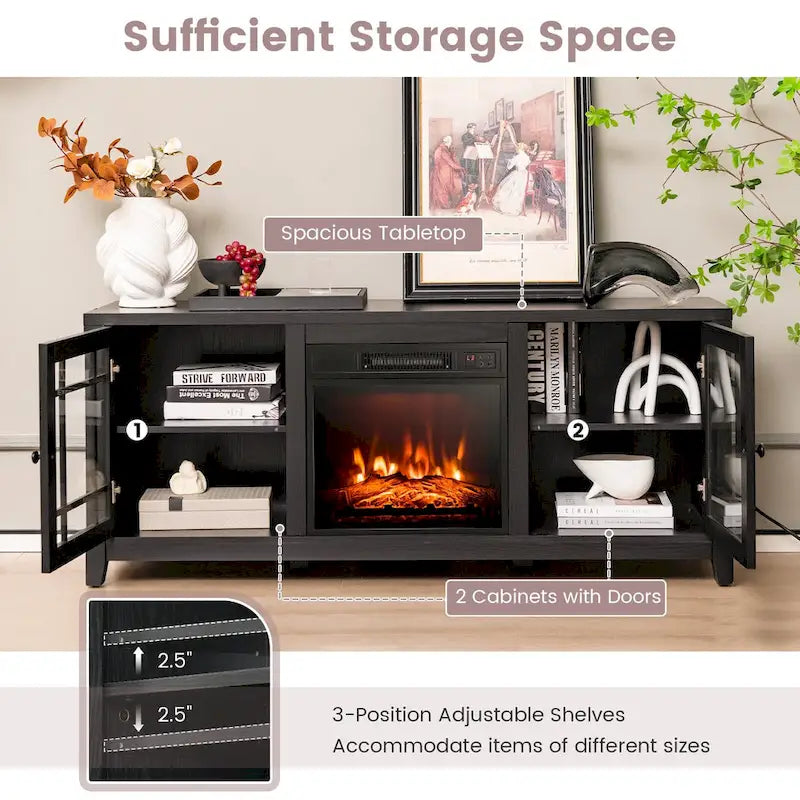 58 Inch Fireplace TV Stand with 3-Position Adjustable Shelves and 2 Cabinets with Doors