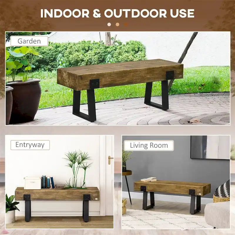 Garden Bench with Metal Legs, Rustic Wood Effect Concrete Entryway Bench