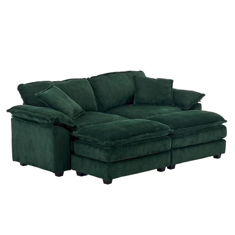 Modern 2-Seater Corduroy Sofa with 4 Support Pillows and 2 Ottomans