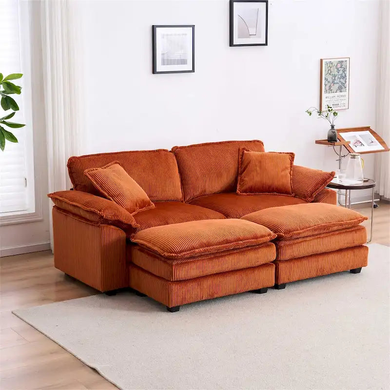 Modern 2-Seater Corduroy Sofa with 4 Support Pillows and 2 Ottomans
