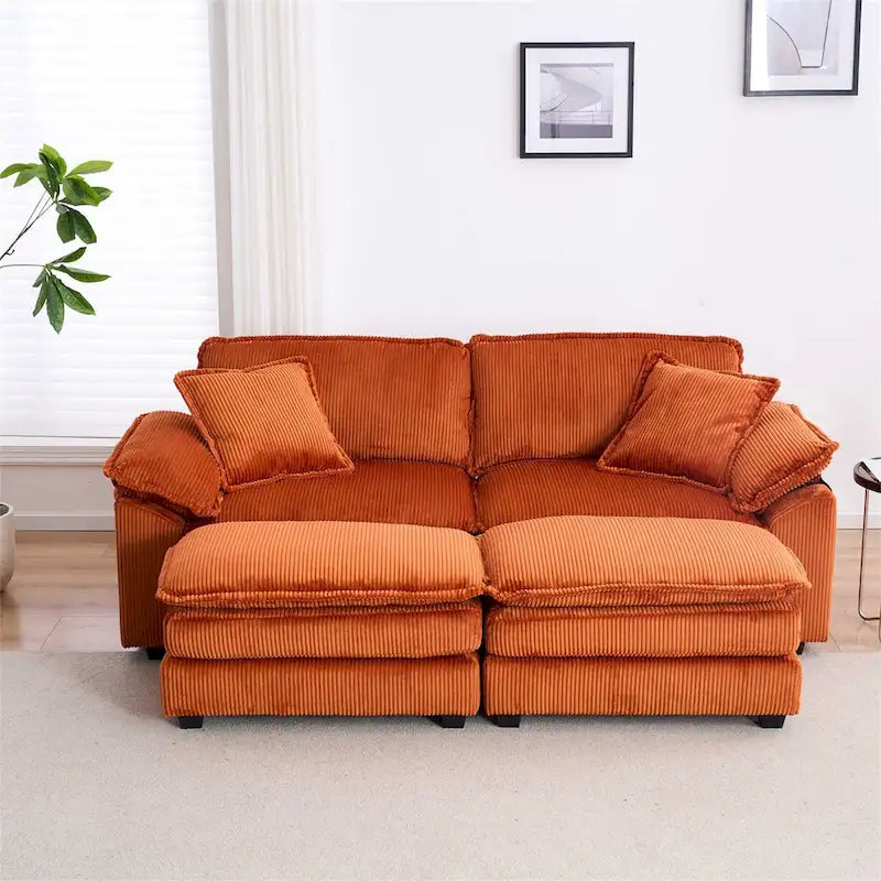 Modern 2-Seater Corduroy Sofa with 4 Support Pillows and 2 Ottomans