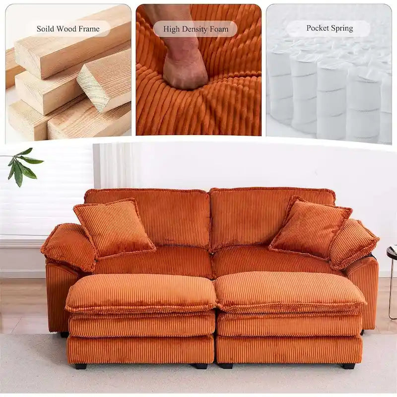 Modern 2-Seater Corduroy Sofa with 4 Support Pillows and 2 Ottomans
