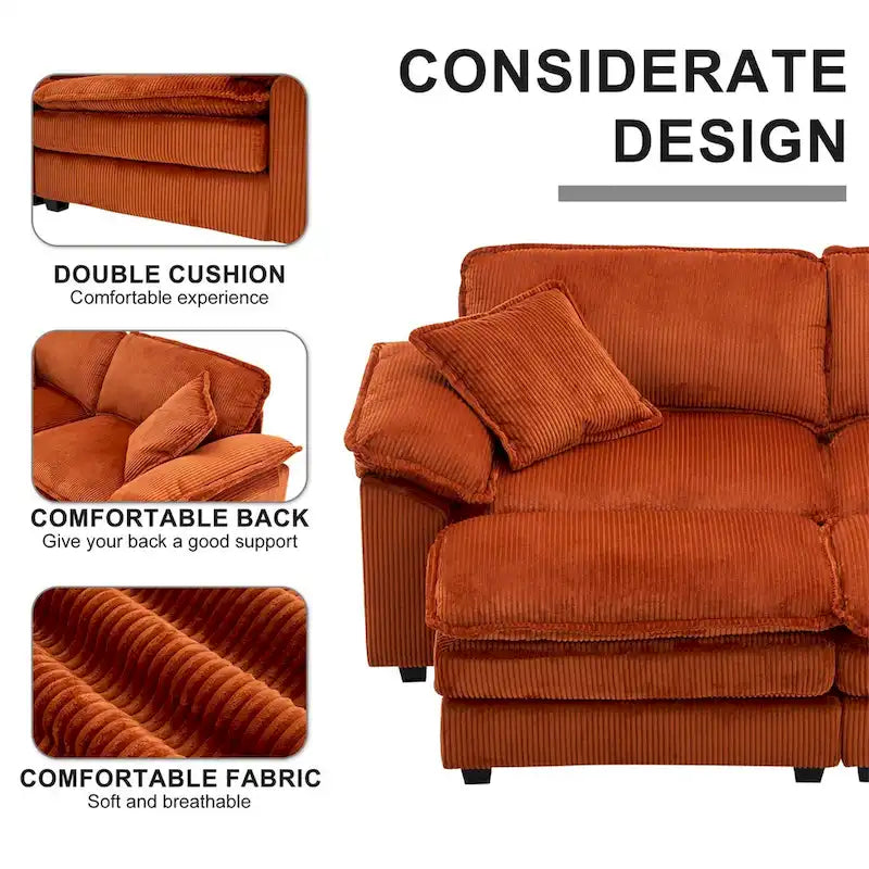 Modern 2-Seater Corduroy Sofa with 4 Support Pillows and 2 Ottomans
