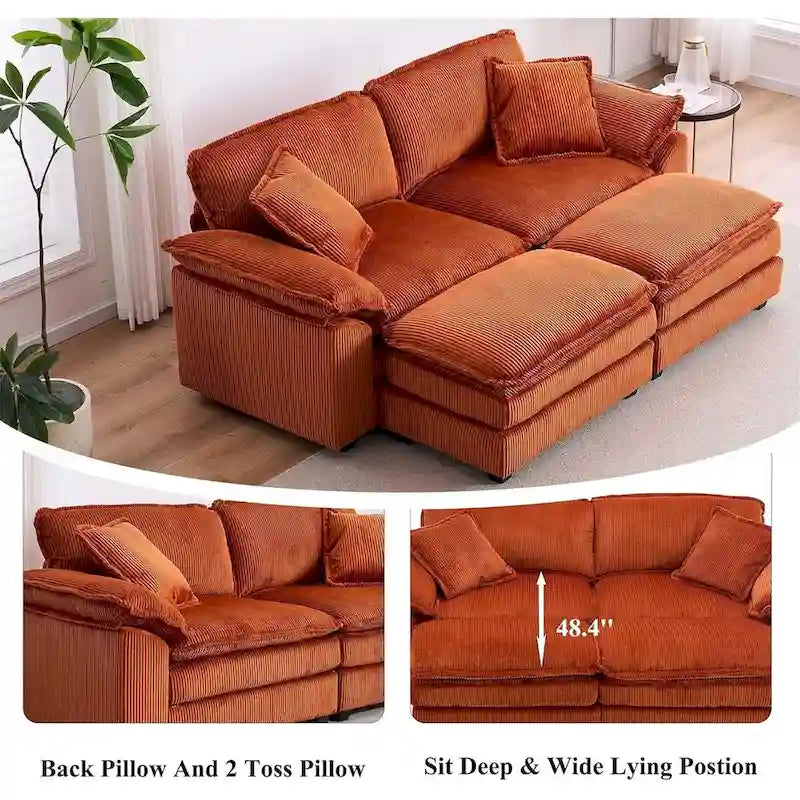 Modern 2-Seater Corduroy Sofa with 4 Support Pillows and 2 Ottomans