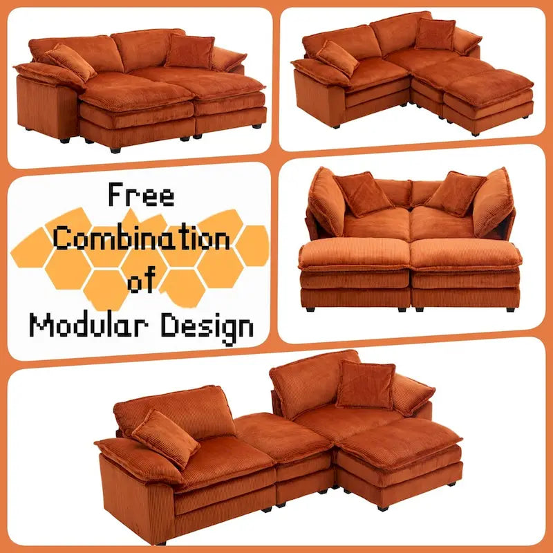 Modern 2-Seater Corduroy Sofa with 4 Support Pillows and 2 Ottomans