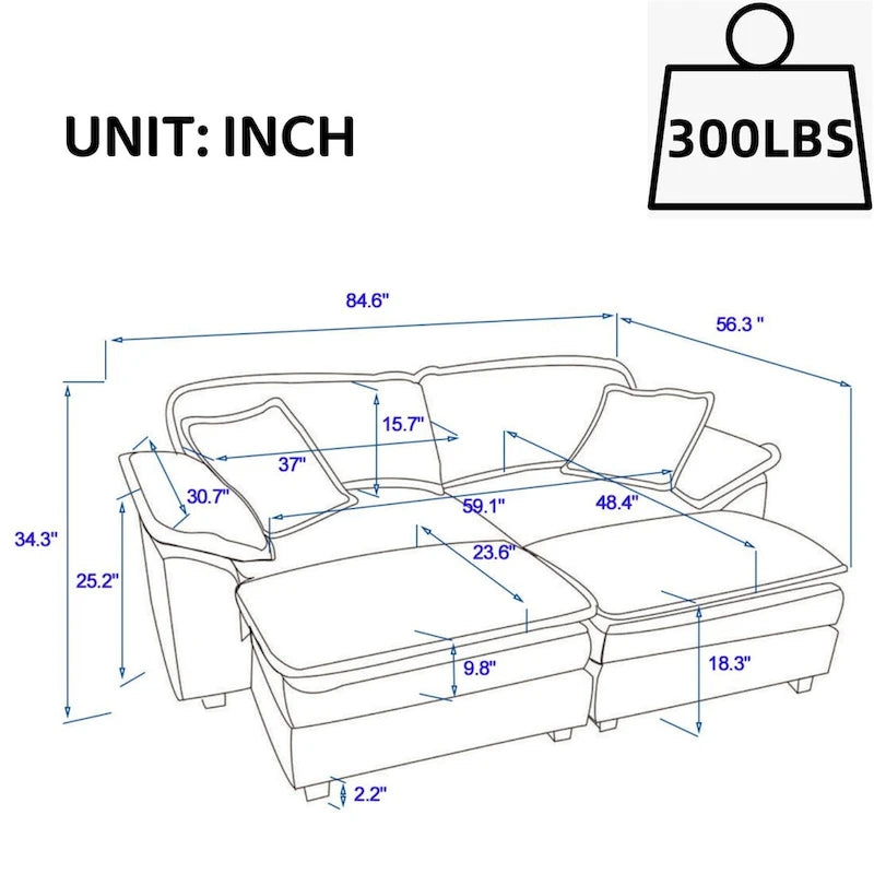 Modern 2-Seater Corduroy Sofa with 4 Support Pillows and 2 Ottomans
