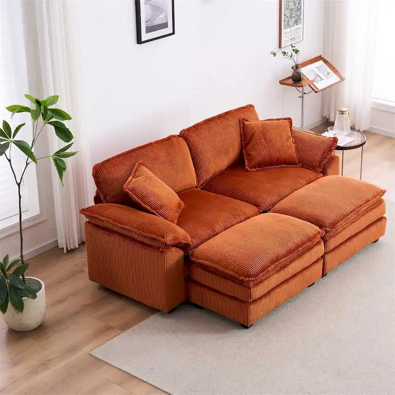 Modern 2-Seater Corduroy Sofa with 4 Support Pillows and 2 Ottomans