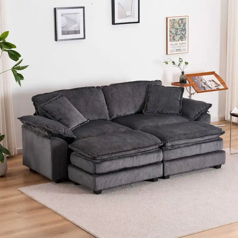Modern 2-Seater Corduroy Sofa with 4 Support Pillows and 2 Ottomans