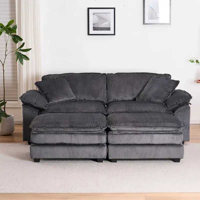 Modern 2-Seater Corduroy Sofa with 4 Support Pillows and 2 Ottomans