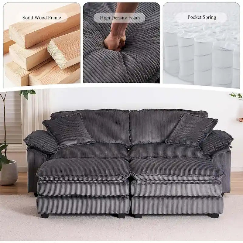 Modern 2-Seater Corduroy Sofa with 4 Support Pillows and 2 Ottomans