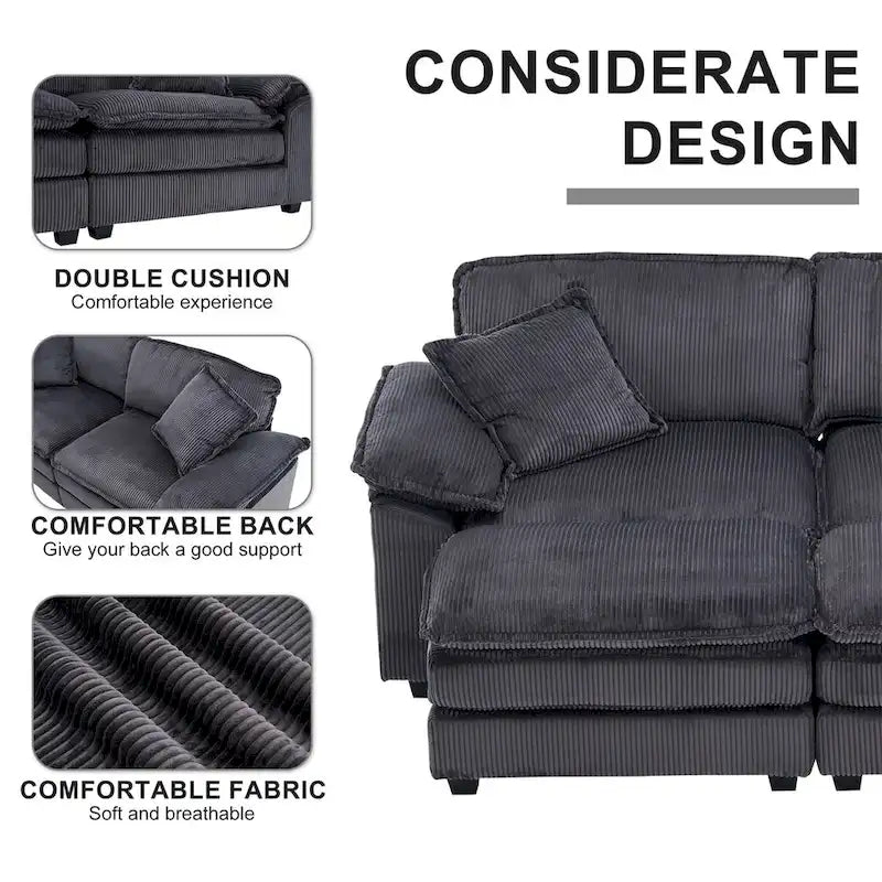 Modern 2-Seater Corduroy Sofa with 4 Support Pillows and 2 Ottomans