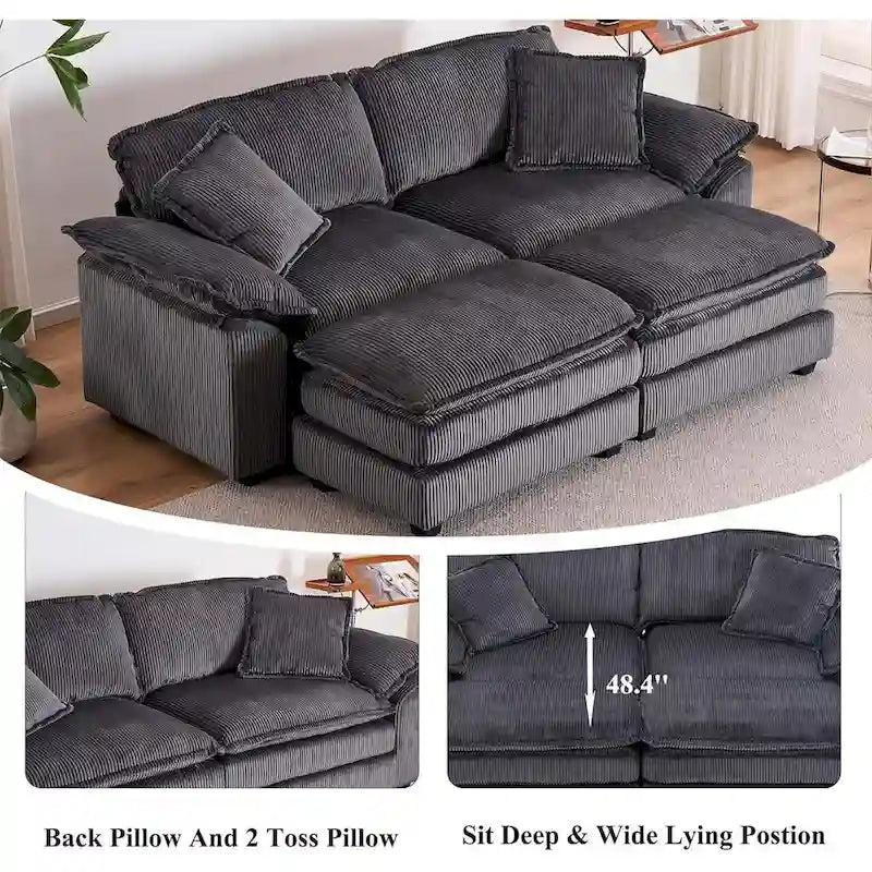 Modern 2-Seater Corduroy Sofa with 4 Support Pillows and 2 Ottomans