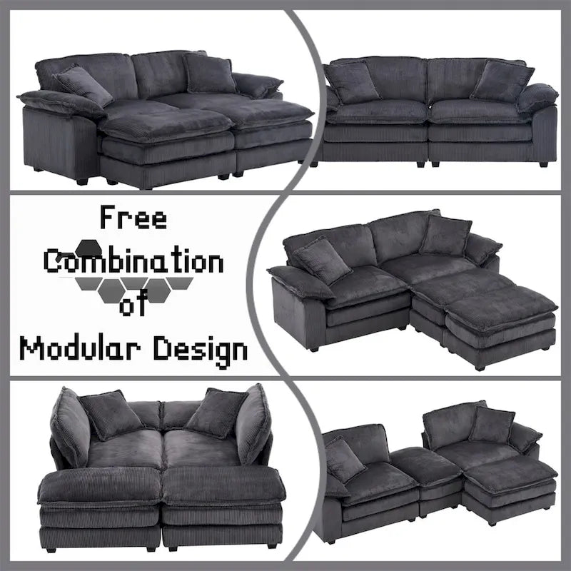 Modern 2-Seater Corduroy Sofa with 4 Support Pillows and 2 Ottomans