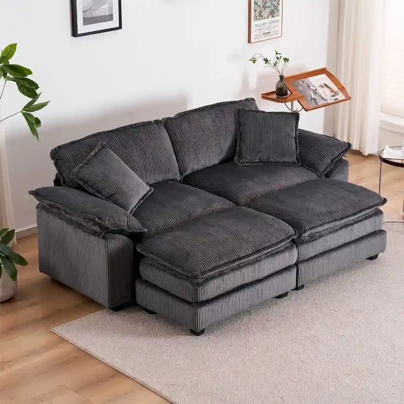 Modern 2-Seater Corduroy Sofa with 4 Support Pillows and 2 Ottomans
