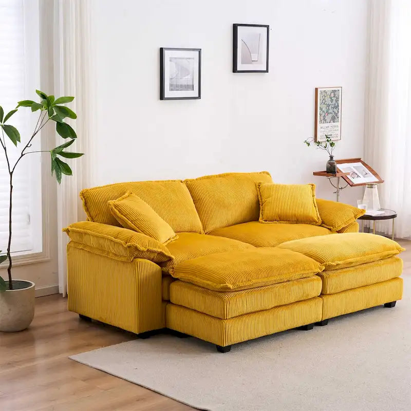 Modern 2-Seater Corduroy Sofa with 4 Support Pillows and 2 Ottomans