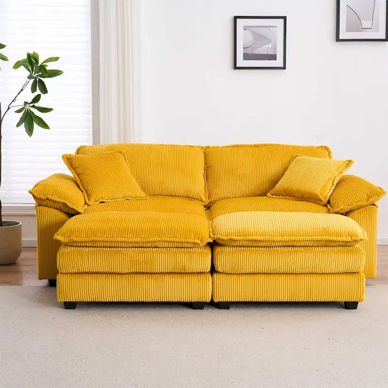 Modern 2-Seater Corduroy Sofa with 4 Support Pillows and 2 Ottomans