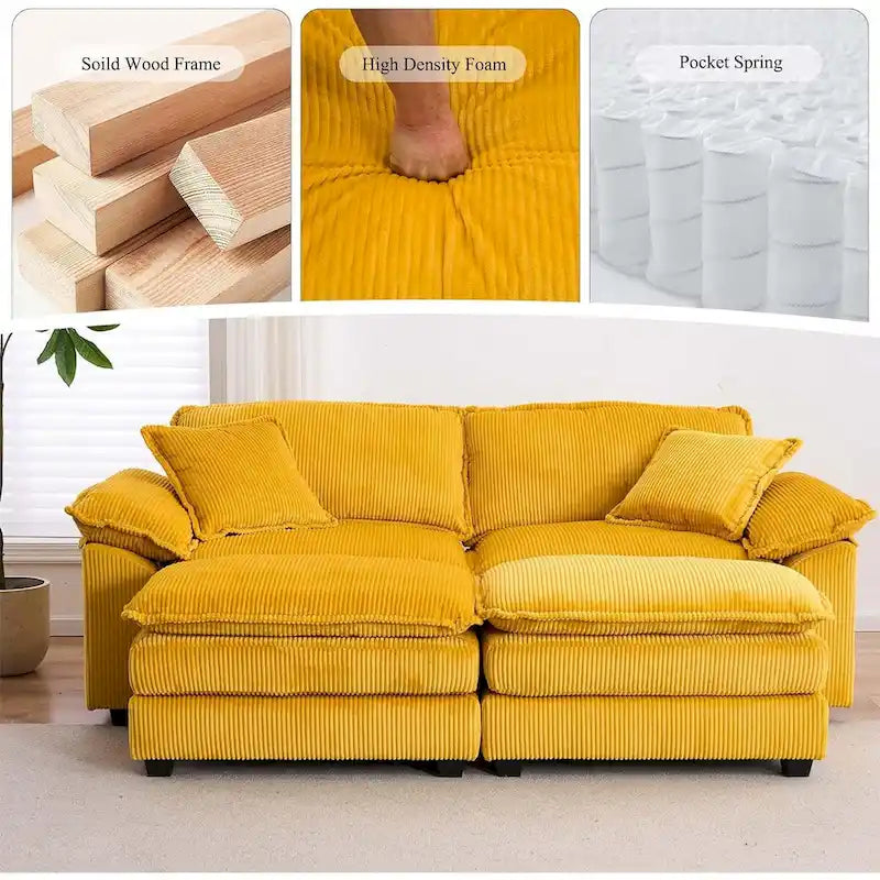 Modern 2-Seater Corduroy Sofa with 4 Support Pillows and 2 Ottomans