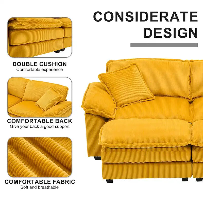 Modern 2-Seater Corduroy Sofa with 4 Support Pillows and 2 Ottomans
