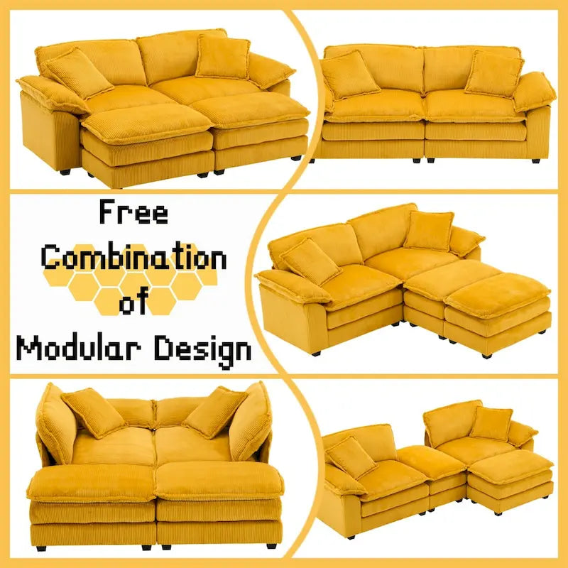 Modern 2-Seater Corduroy Sofa with 4 Support Pillows and 2 Ottomans