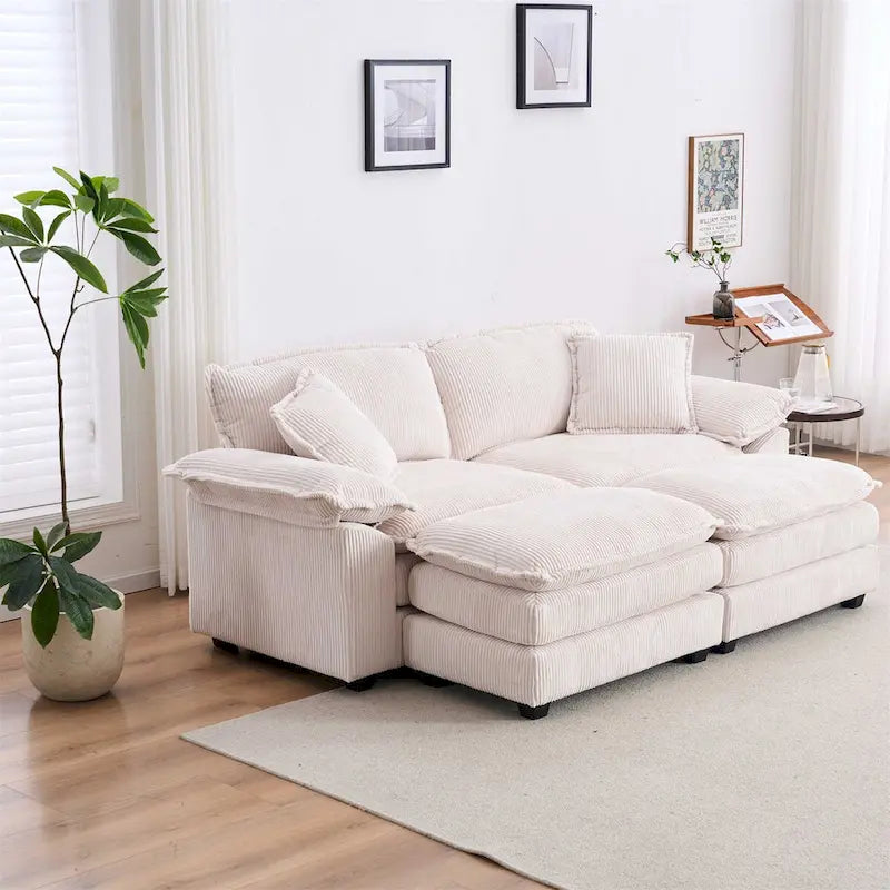 Modern 2-Seater Corduroy Sofa with 4 Support Pillows and 2 Ottomans