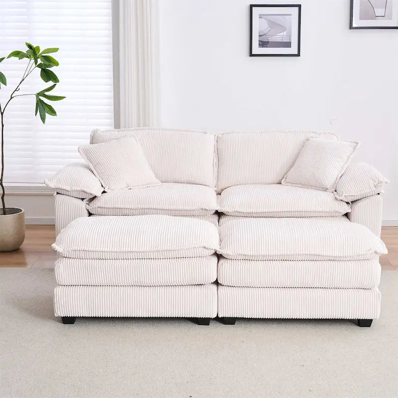 Modern 2-Seater Corduroy Sofa with 4 Support Pillows and 2 Ottomans