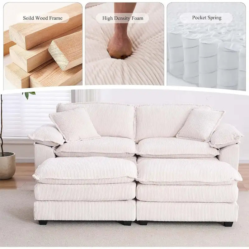 Modern 2-Seater Corduroy Sofa with 4 Support Pillows and 2 Ottomans