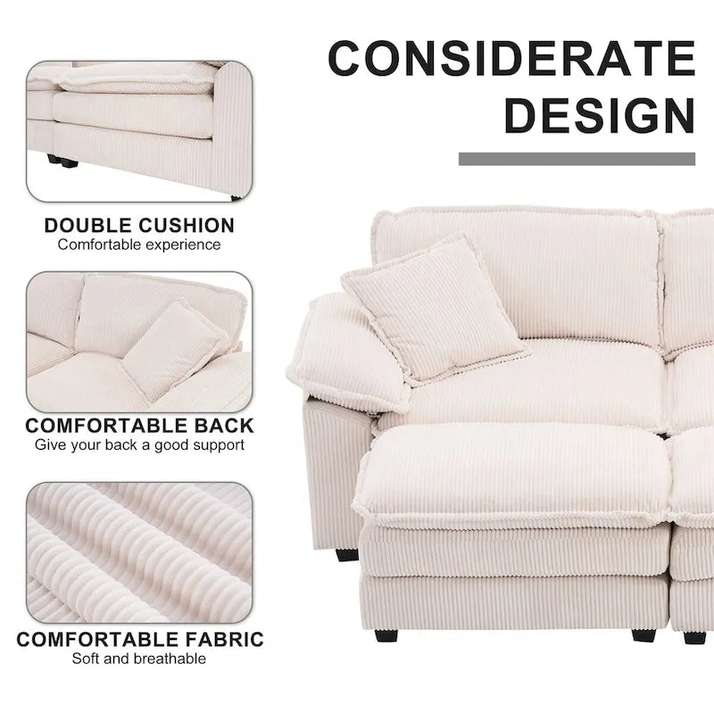 Modern 2-Seater Corduroy Sofa with 4 Support Pillows and 2 Ottomans