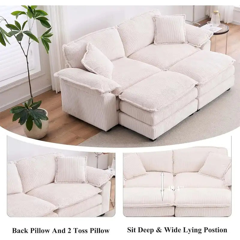 Modern 2-Seater Corduroy Sofa with 4 Support Pillows and 2 Ottomans