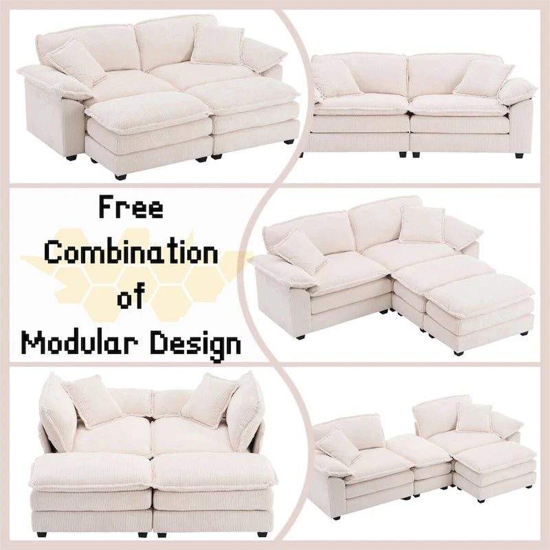 Modern 2-Seater Corduroy Sofa with 4 Support Pillows and 2 Ottomans