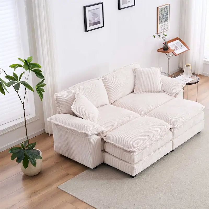 Modern 2-Seater Corduroy Sofa with 4 Support Pillows and 2 Ottomans