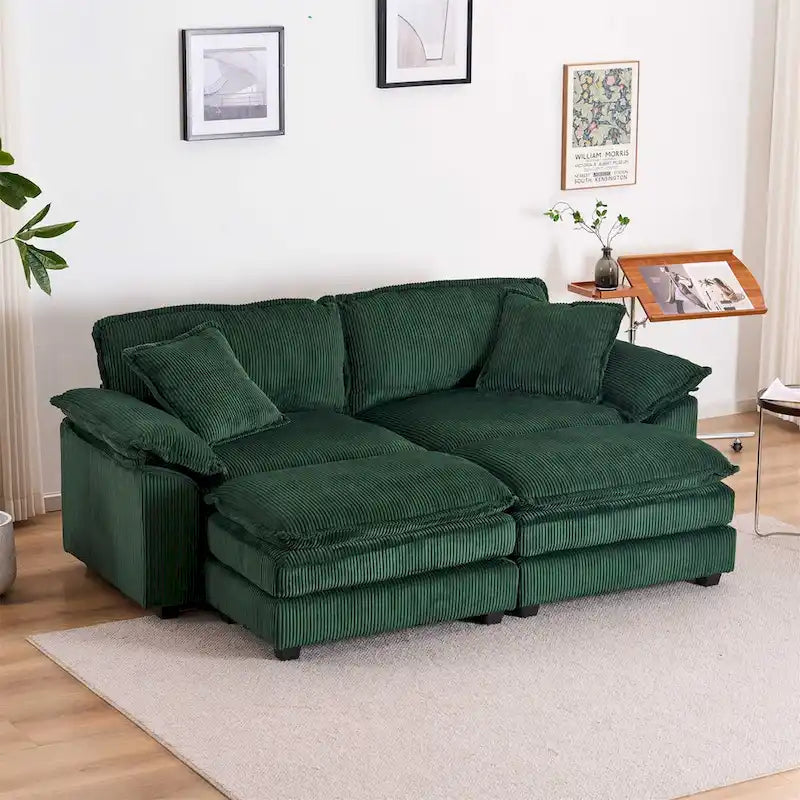 Modern 2-Seater Corduroy Sofa with 4 Support Pillows and 2 Ottomans