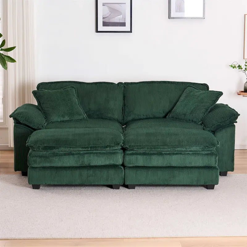 Modern 2-Seater Corduroy Sofa with 4 Support Pillows and 2 Ottomans