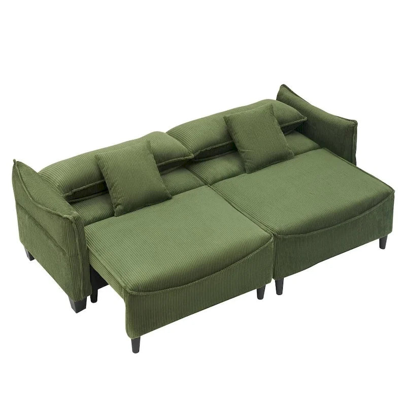 Green Corduroy Convertible Sofa Bed with Two Throw Pillows