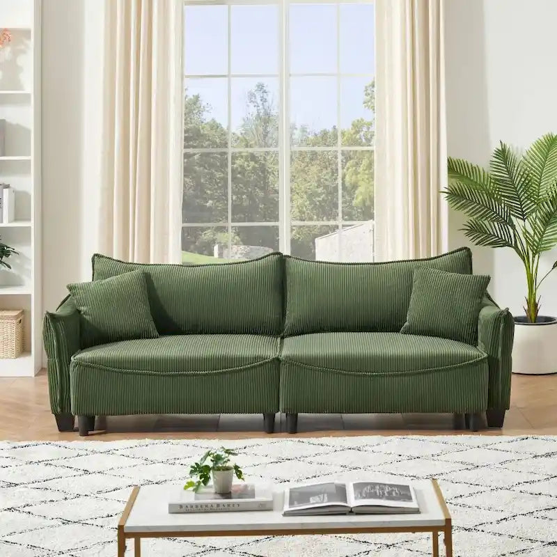 Green Corduroy Convertible Sofa Bed with Two Throw Pillows
