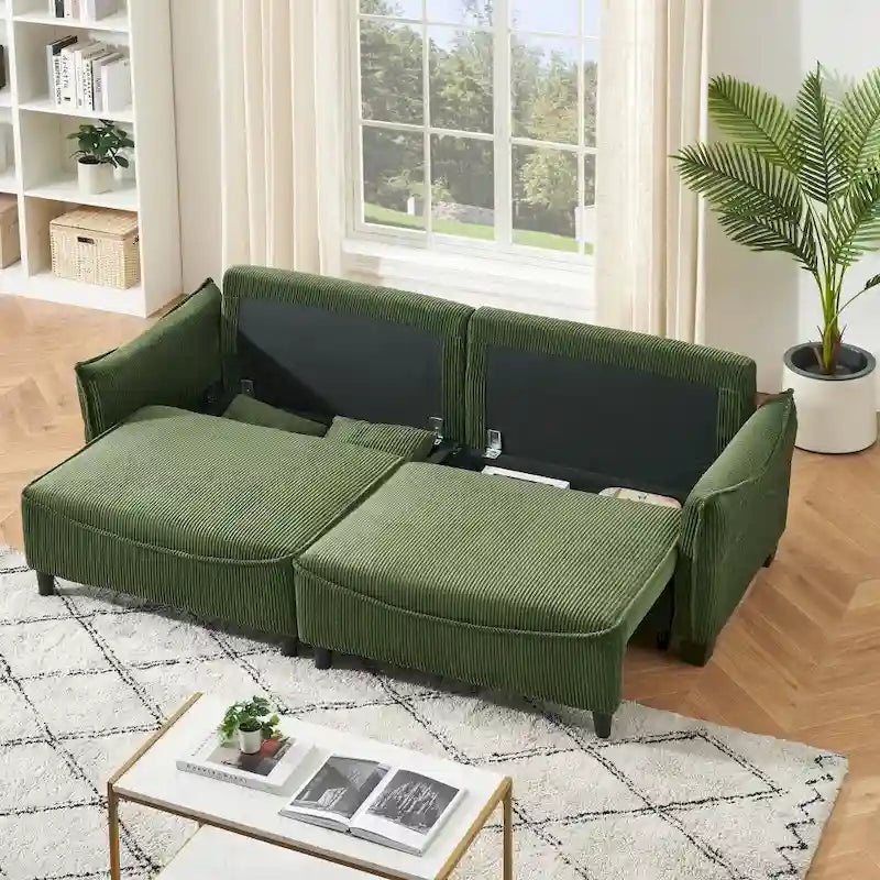 Green Corduroy Convertible Sofa Bed with Two Throw Pillows