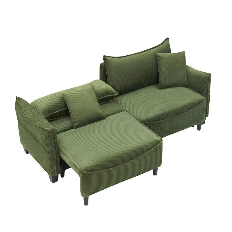 Green Corduroy Convertible Sofa Bed with Two Throw Pillows