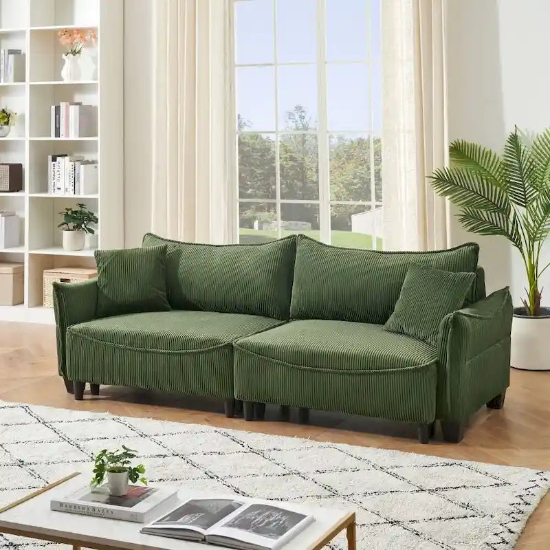 Green Corduroy Convertible Sofa Bed with Two Throw Pillows